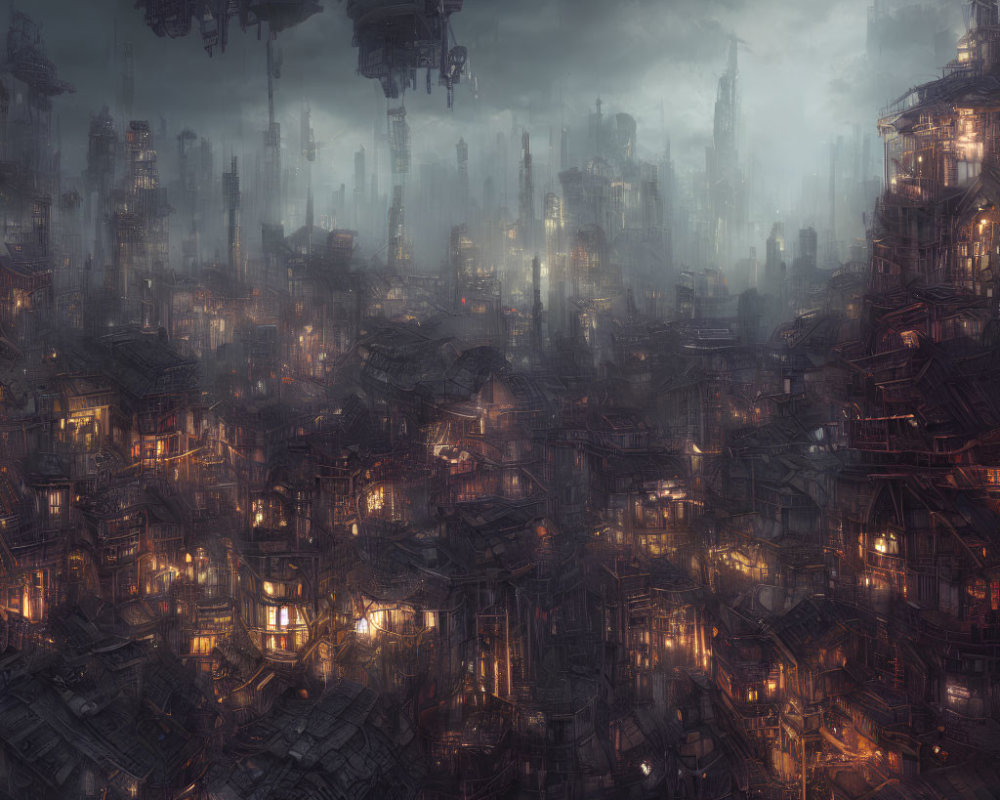 Dystopian cityscape at dusk with dense architecture and misty hovering structures