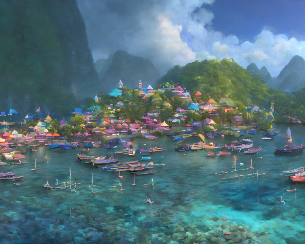 Scenic coastal village: colorful rooftops, lush mountains, turquoise waters.