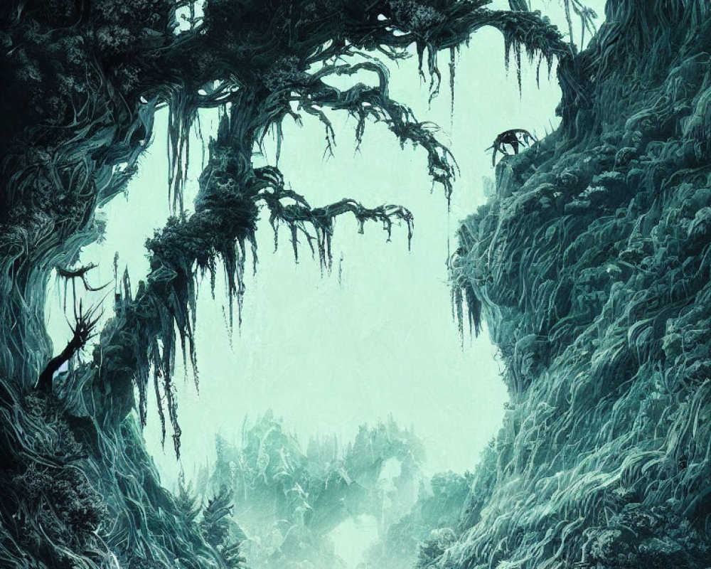 Misty forest scene with twisted trees and hanging moss