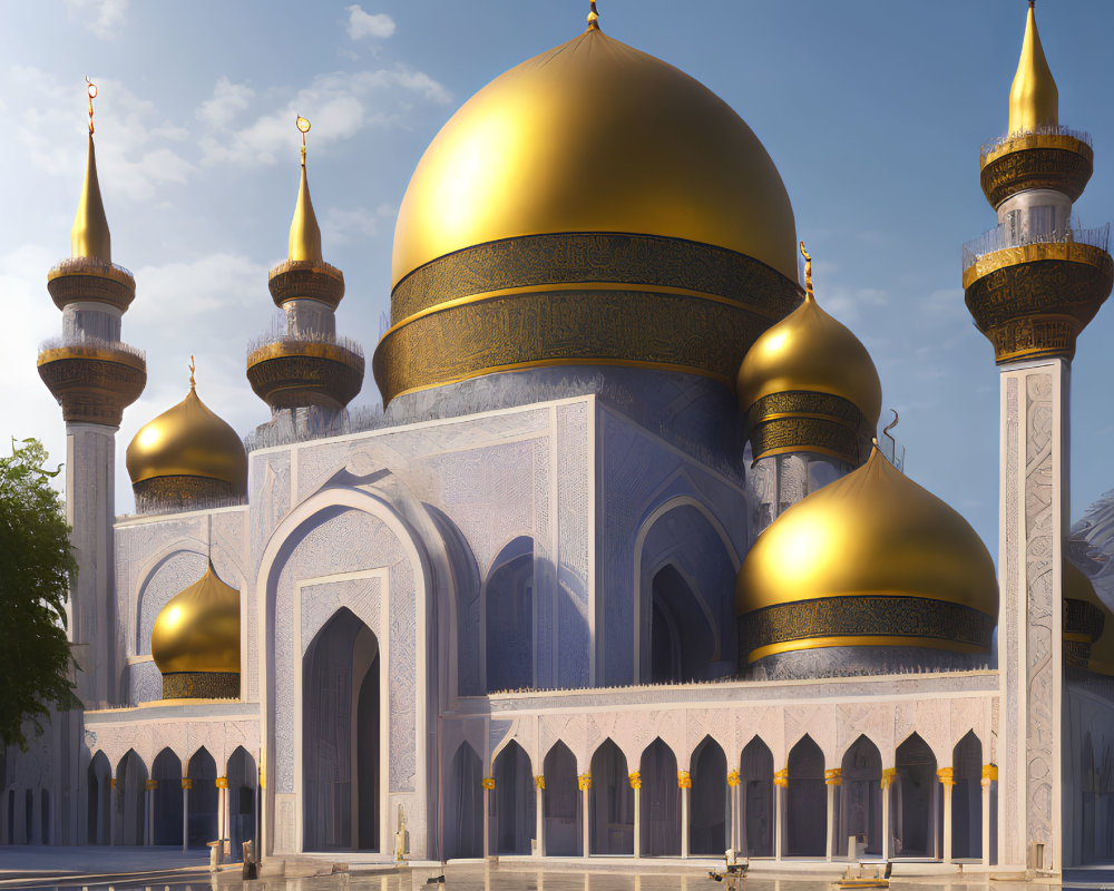 Golden-domed mosque with minarets and arabesque designs under clear blue sky