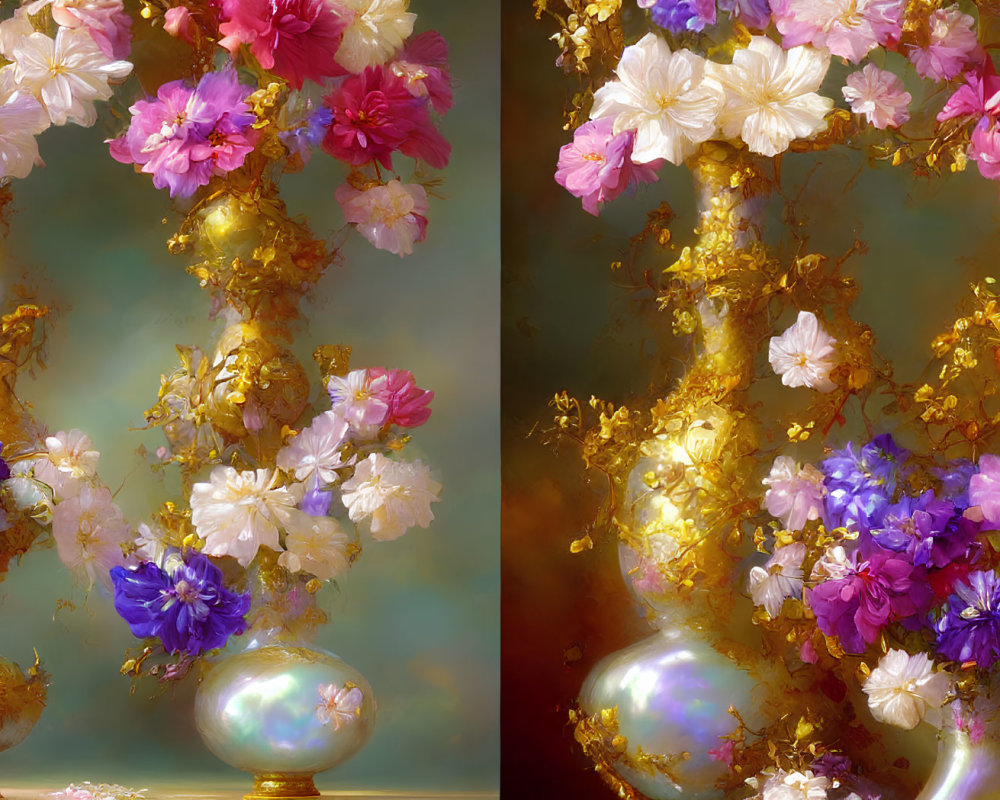 Colorful digital artwork: Golden vases, blooming flowers, warm glow