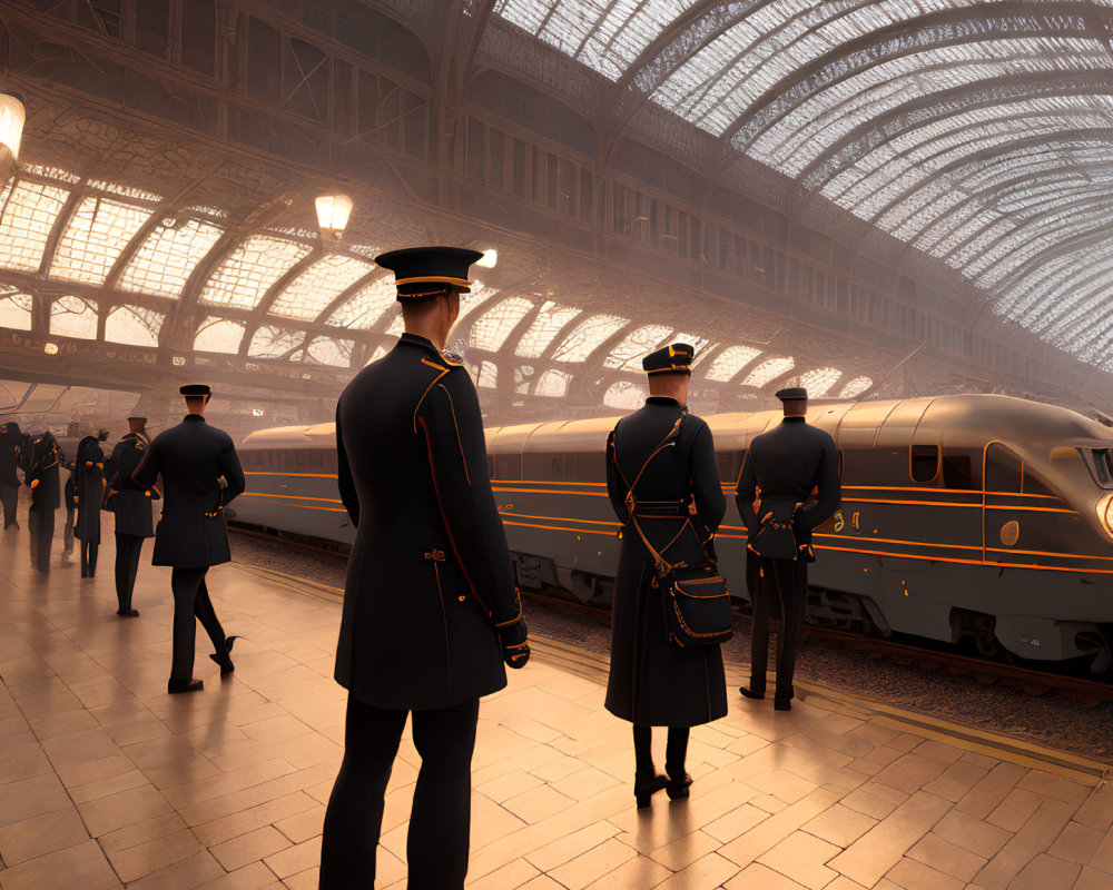 Train conductors in uniforms at vintage train in grand, arched-roof station.