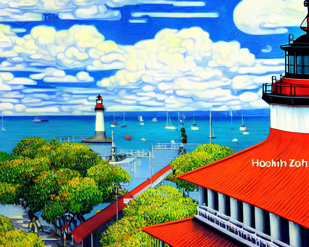 Coastal scene with lighthouse, boats, buildings, and greenery under blue sky