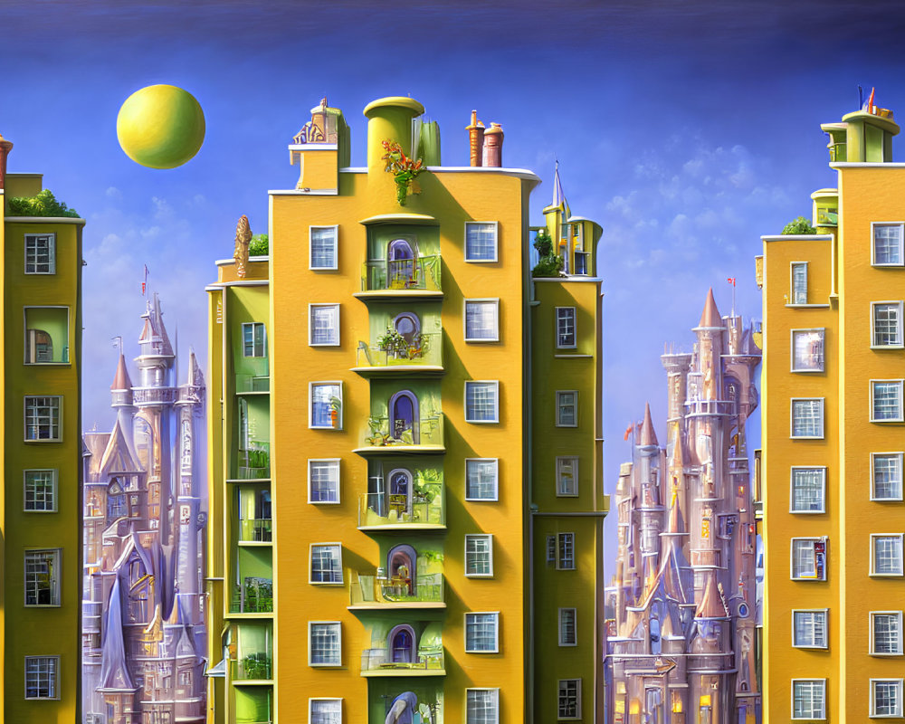 Whimsical high-rise buildings with rounded balconies and lush greenery under a large moon