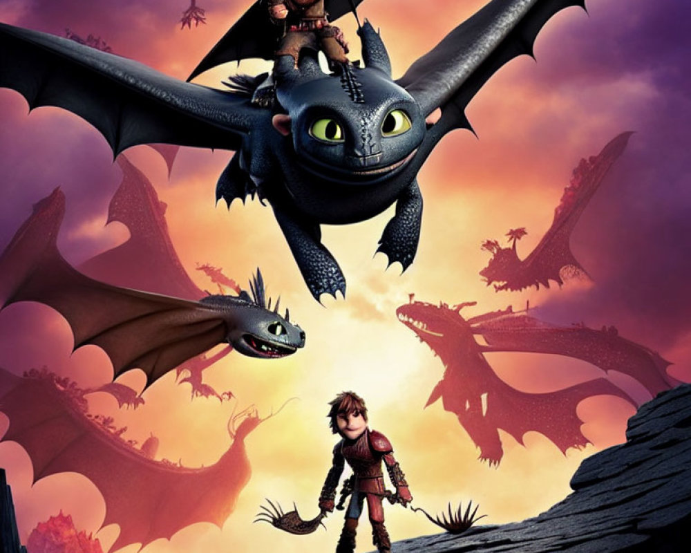 Animated Viking boy with sword and dragon in dramatic sky