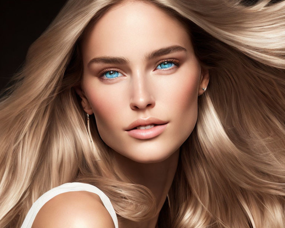 Blonde Woman with Blue Eyes and Clear Skin in Soft Makeup