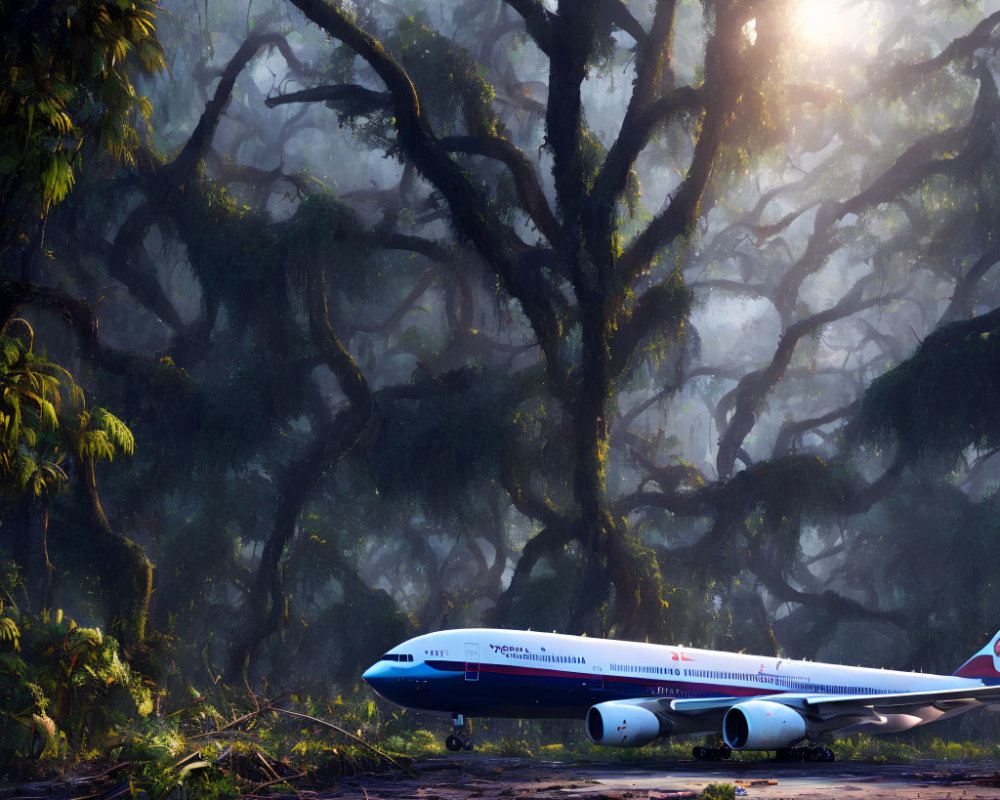 Abandoned commercial airliner in misty forest with sunlight filtering through trees