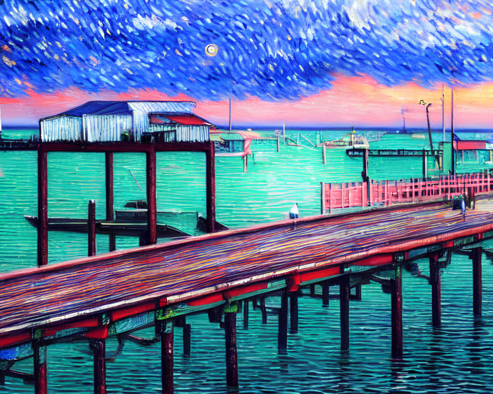 Starry sky sunset painting with pier in vibrant colors