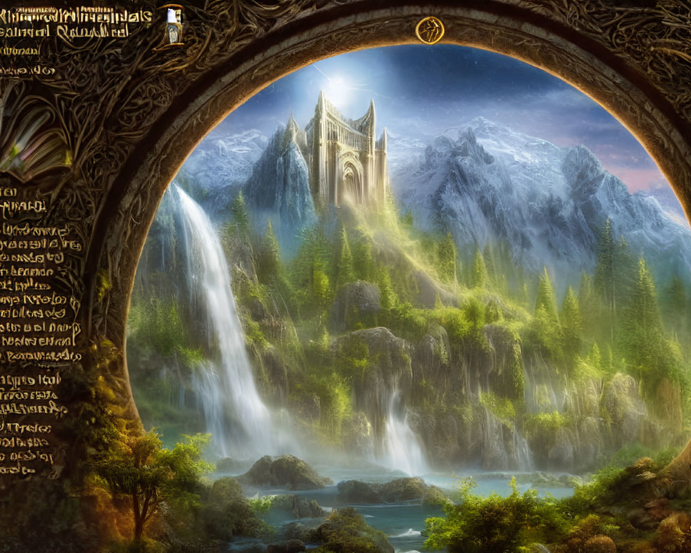 Fantasy landscape with castle, waterfall, and mystical runes in ornate frame