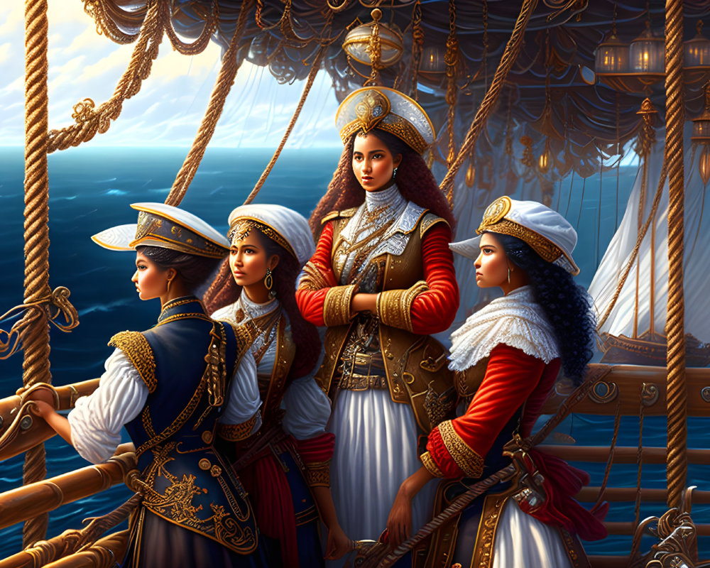 Four Women in Ornate Naval Uniforms Aboard Ship with Ocean and Sails