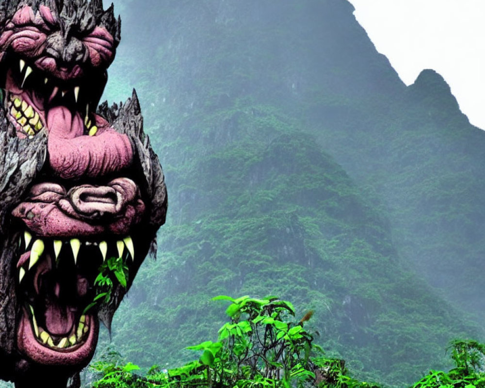 Ferocious dragon sculpture in lush greenery with misty mountain