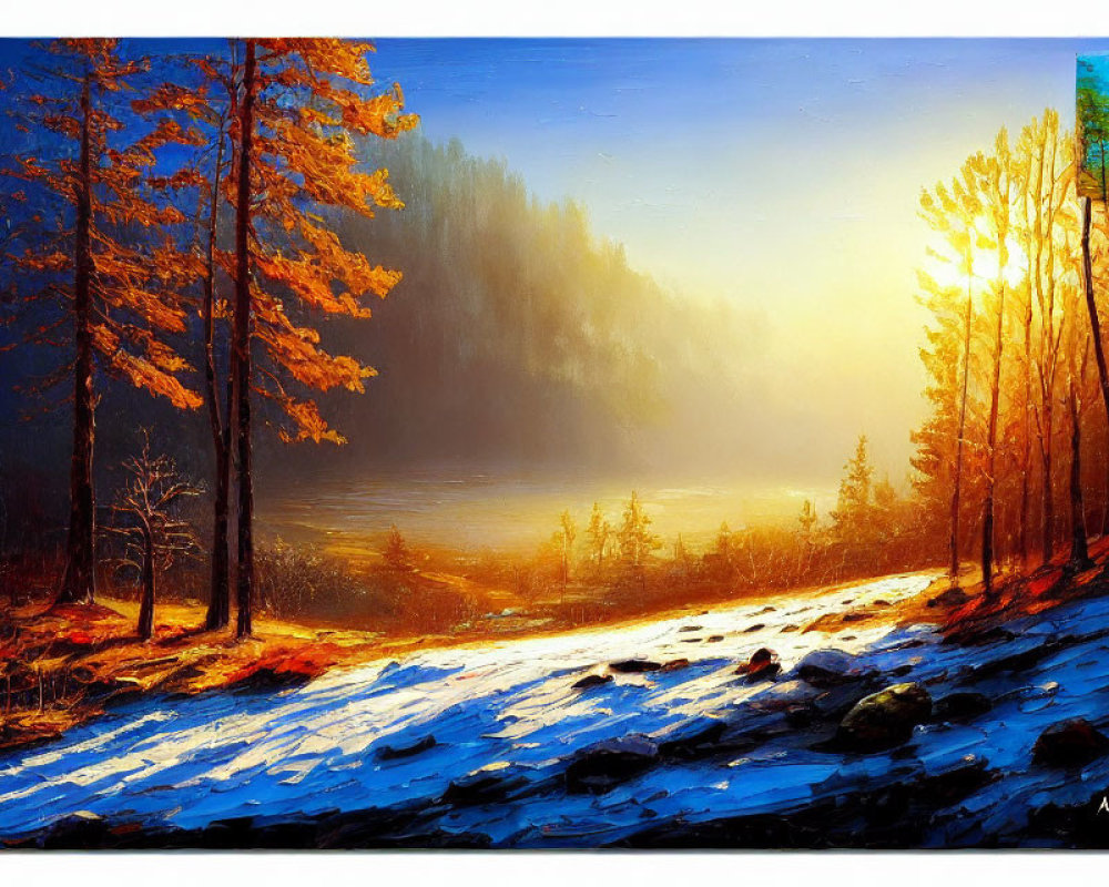 Vibrant forest scene with sun rays on river and autumn trees