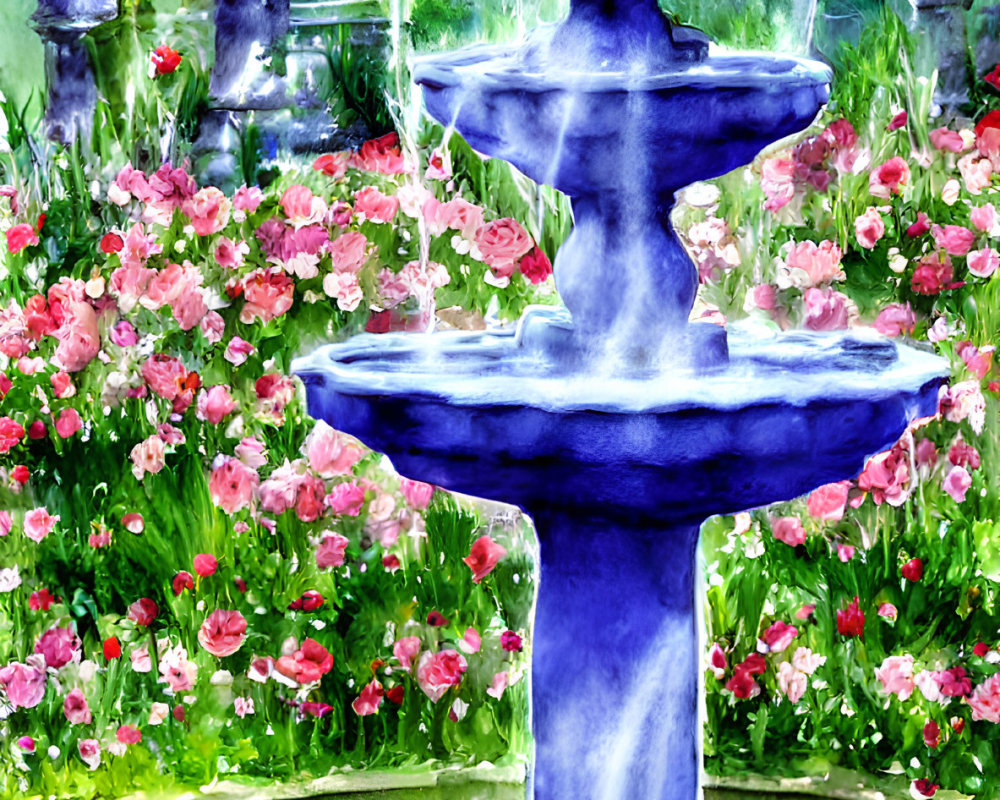 Colorful Watercolor Painting of Blue Fountain and Pink Flowers