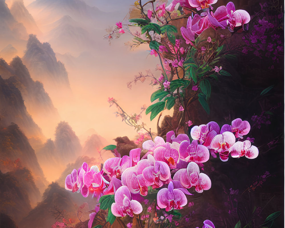 Digital painting featuring vibrant orchids, misty mountains, and Asian architecture.