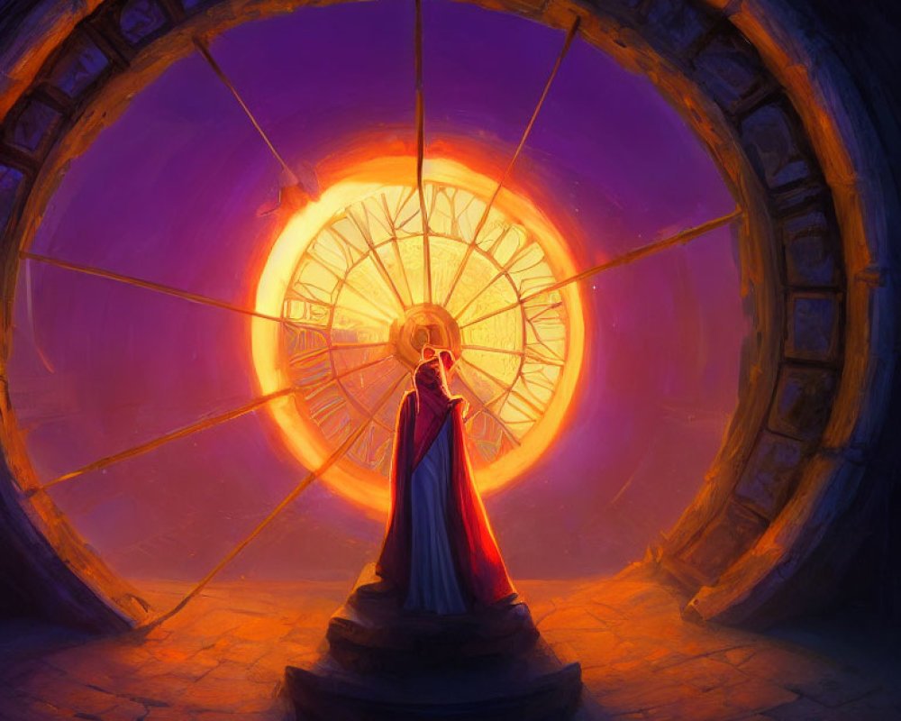 Cloaked figure in circular chamber with glowing wheel.