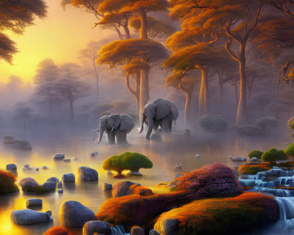 Mystical forest scene: elephants, water body, golden light, colorful foliage, serene waterfalls