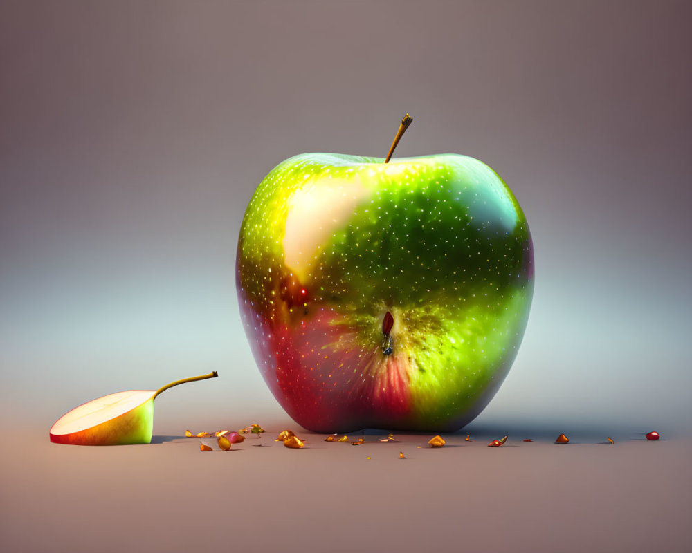 Cosmic pattern apple slice with seeds and droplets on gradient background