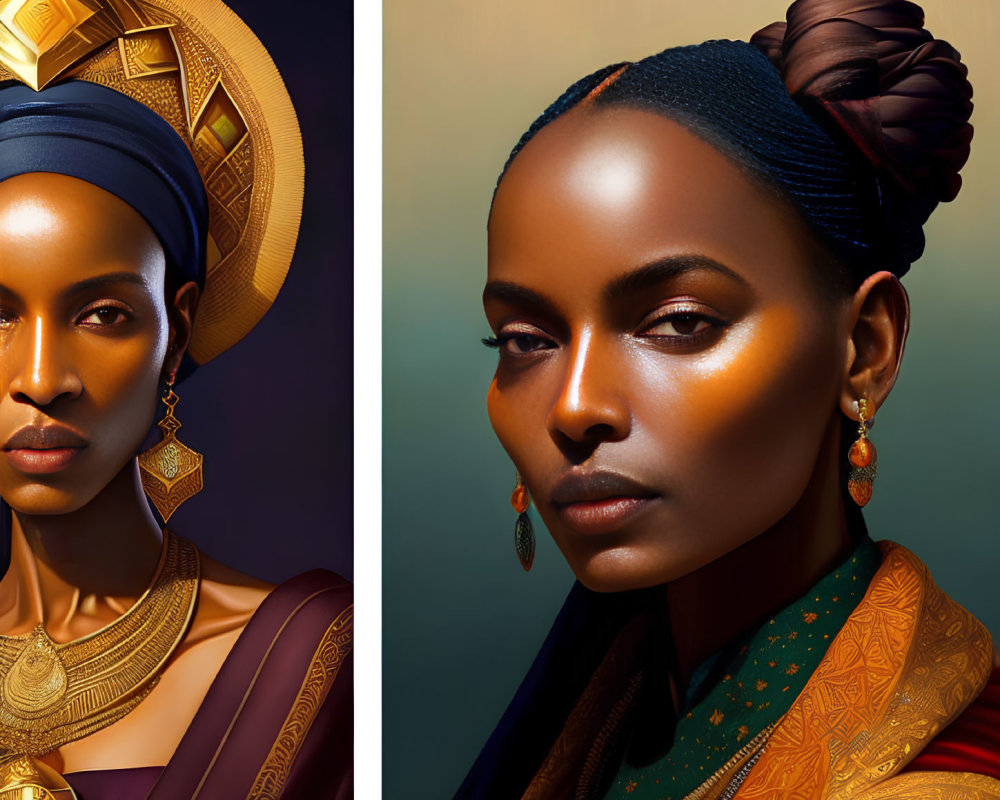 Dual portraits of woman in traditional headwear with golden accessories on dark backdrop, one warm-toned,