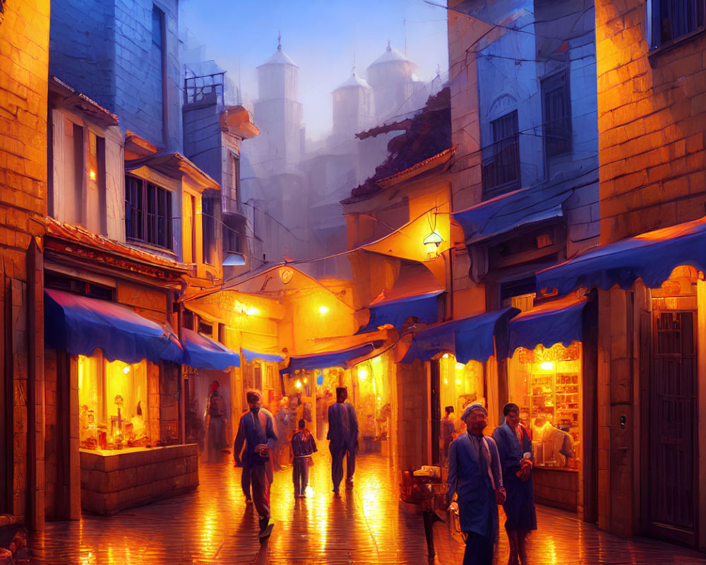 Atmospheric narrow street at evening with warm glowing lights