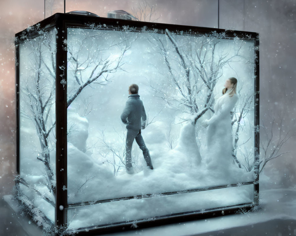 Surreal winter diorama with two figures in glass box