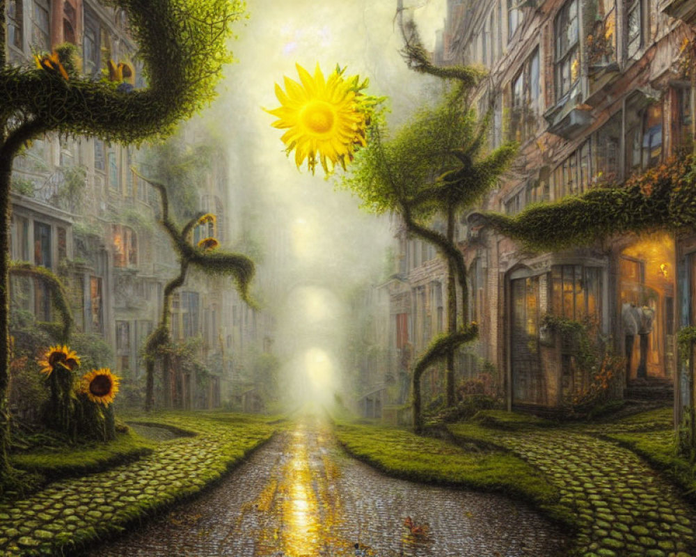 Fantasy cobblestone street with sunflower-shaped trees and glowing light near quaint buildings