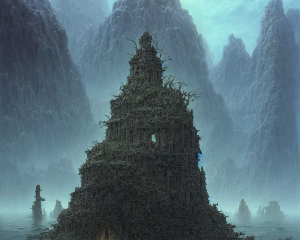 Weathered temple in misty water with jagged mountains under gloomy sky