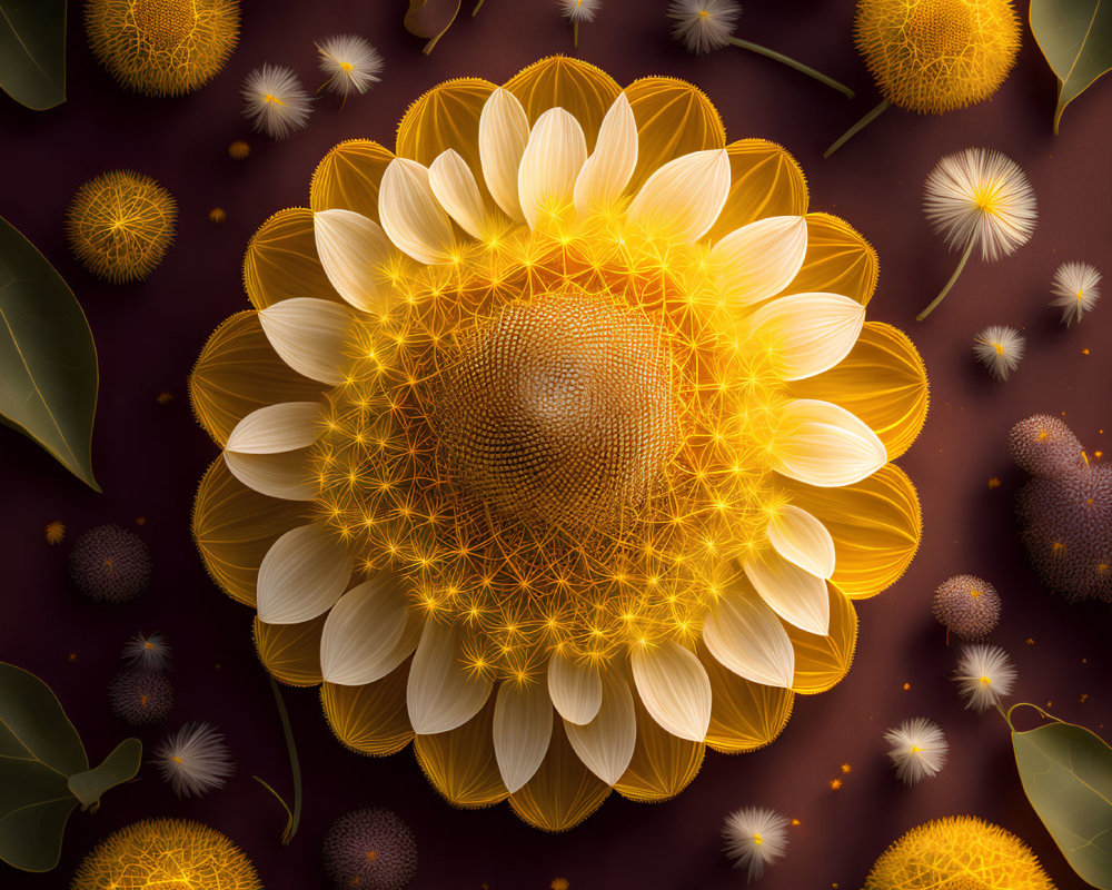 Digitally Enhanced Sunflower with Golden Accents and Dandelion Seeds on Maroon Background