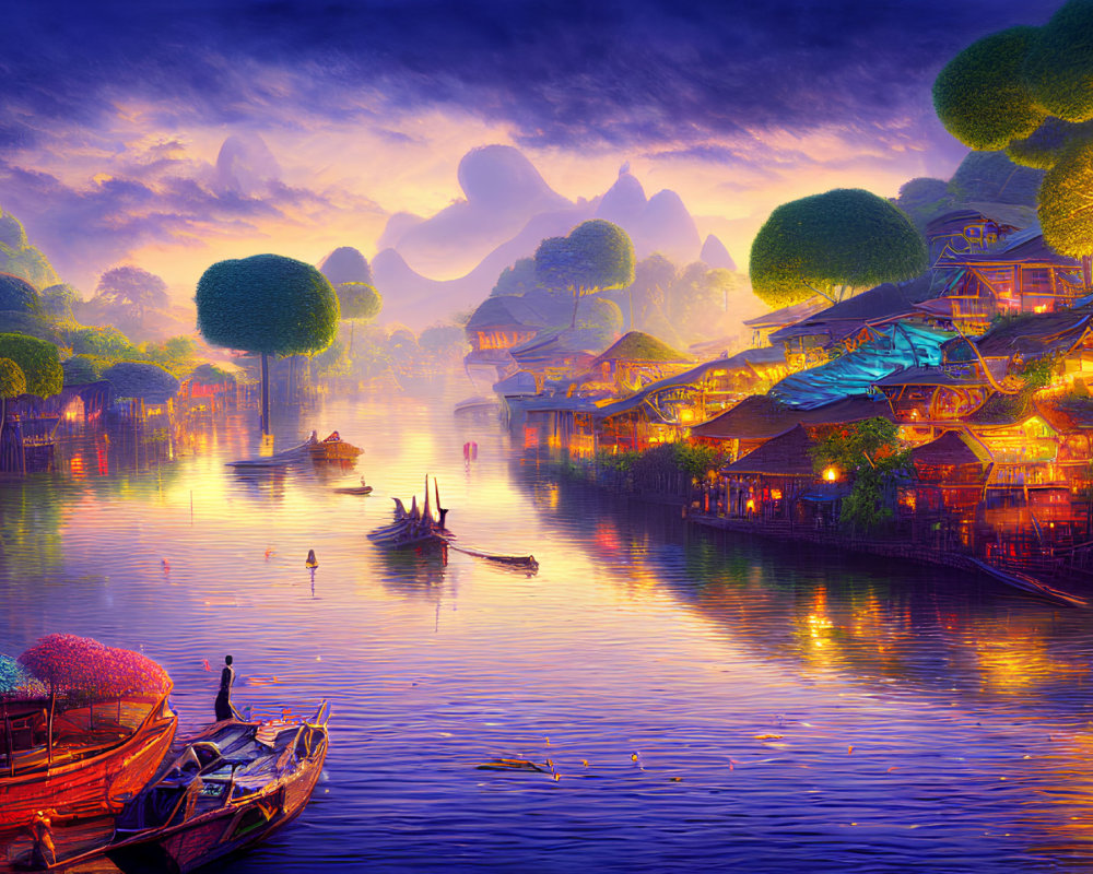 Serene river village at sunset with boats, colorful houses, trees, and mountains