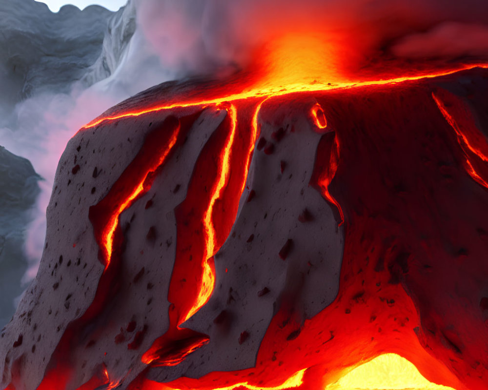 Ruptured rock spews lava under twilight sky