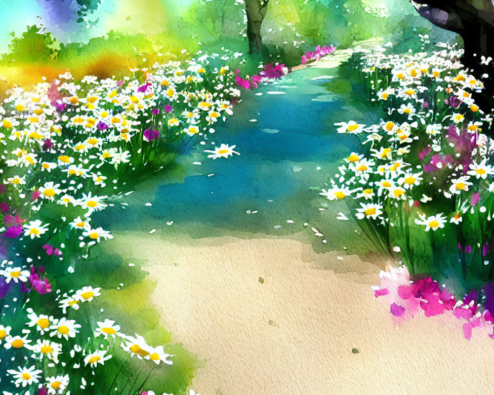 Scenic path watercolor painting with wildflowers and greenery