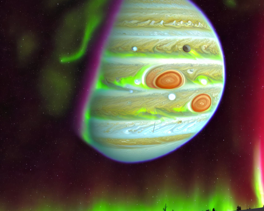 Detailed digital artwork: Colossal Jupiter over snowy landscape with northern lights