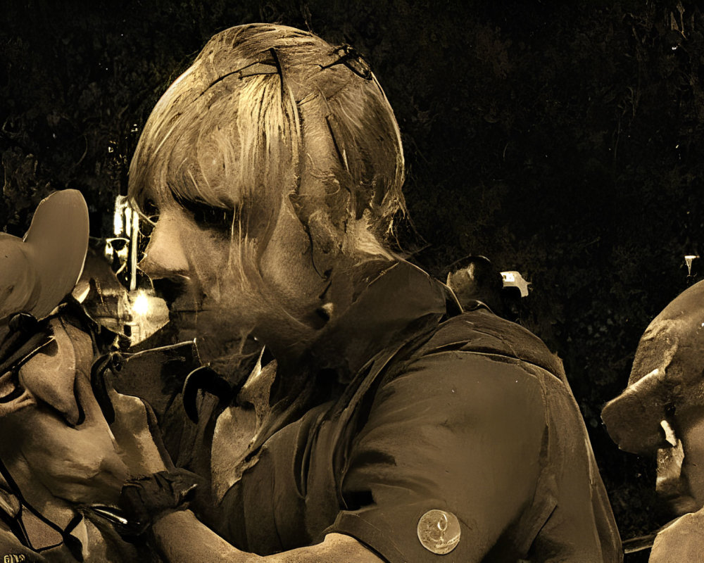 Vintage sepia-toned image of a person in uniform with shoulder-length hair holding a helmet