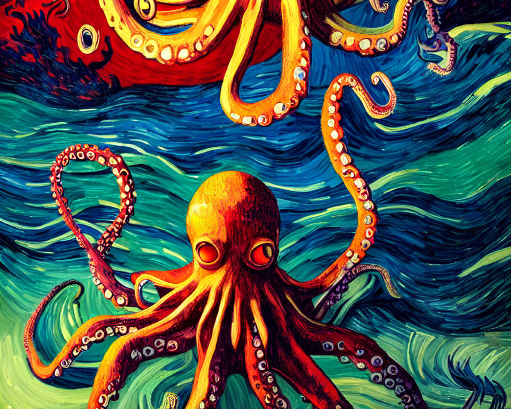 Colorful Octopus Painting in Van Gogh Style Seascape