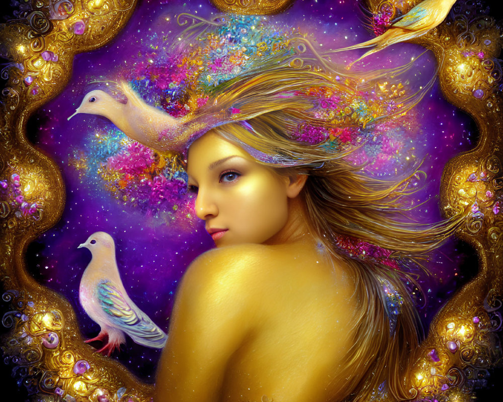 Golden-skinned woman with flowing hair in cosmic setting with doves