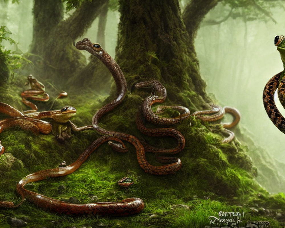 Detailed Forest Scene with Snakes, Frogs, Moss