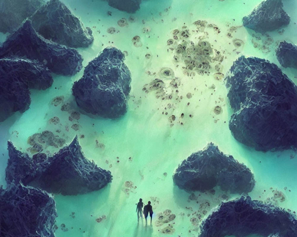 Adventurous duo in surreal turquoise waters and rock formations