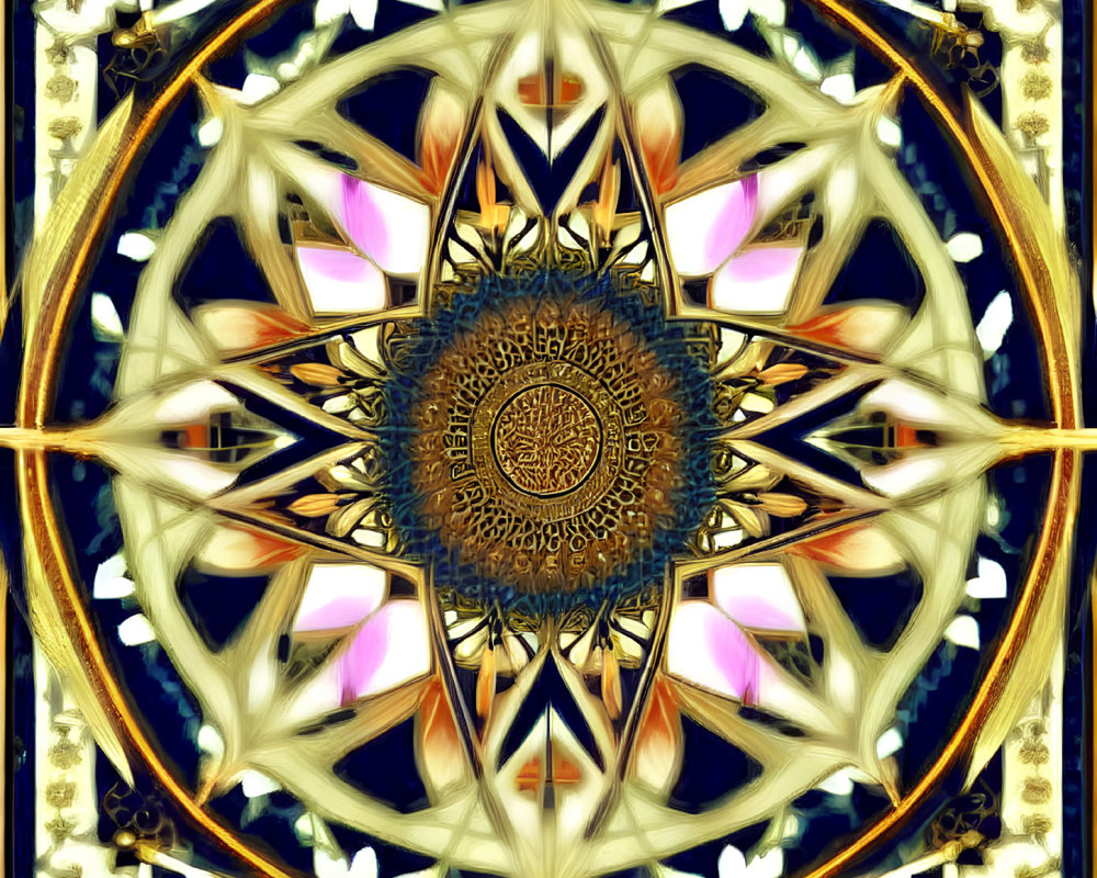 Symmetrical golden mandala with kaleidoscopic patterns in blues, pinks, and whites on