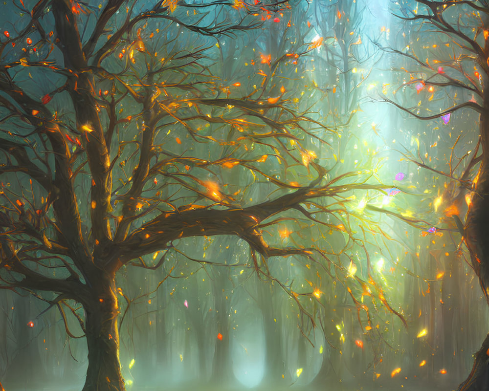 Twisted trees and radiant lights in misty forest scene