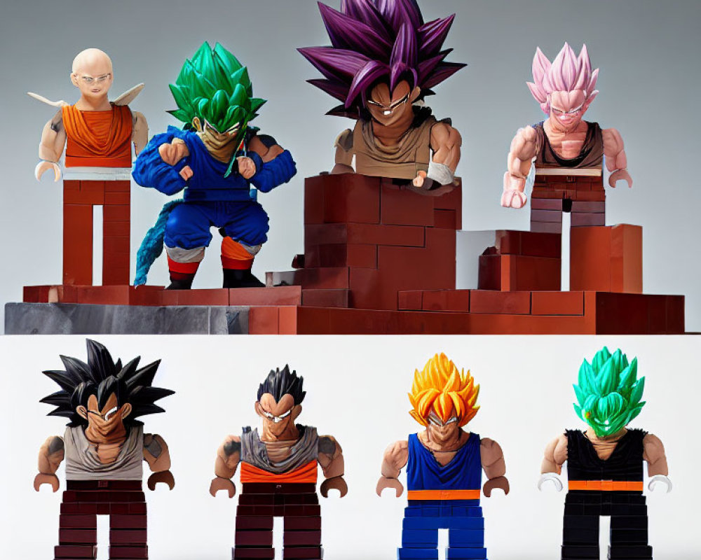 Eight Dragon Ball Character Figures on Blocks: Featuring Various Forms of Vegeta and Krillin