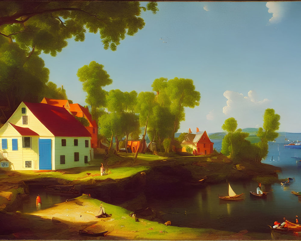 Tranquil landscape with sailboats, colonial houses, and lush trees