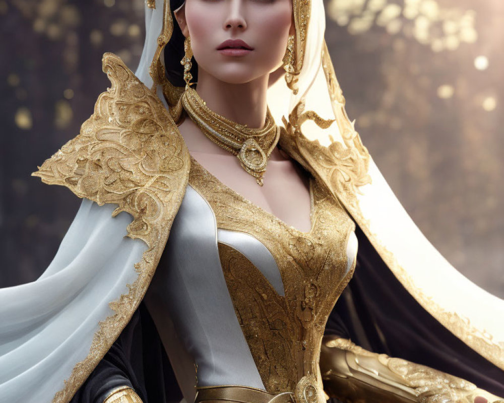 Piercing blue-eyed woman in golden embroidered costume and jewelry.