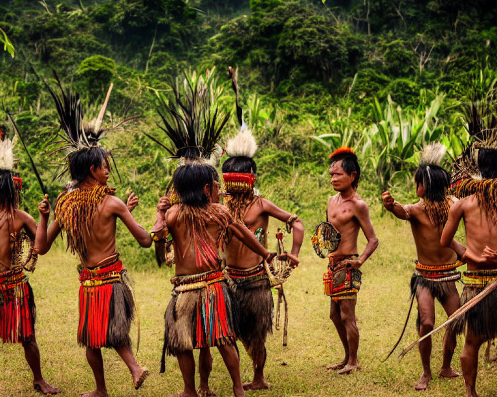 Indigenous people in traditional attire performing dance in grassy field