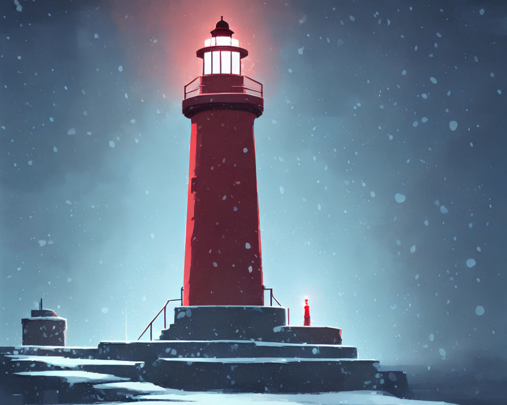 Red lighthouse in snowy landscape with soft glow and falling snowflakes