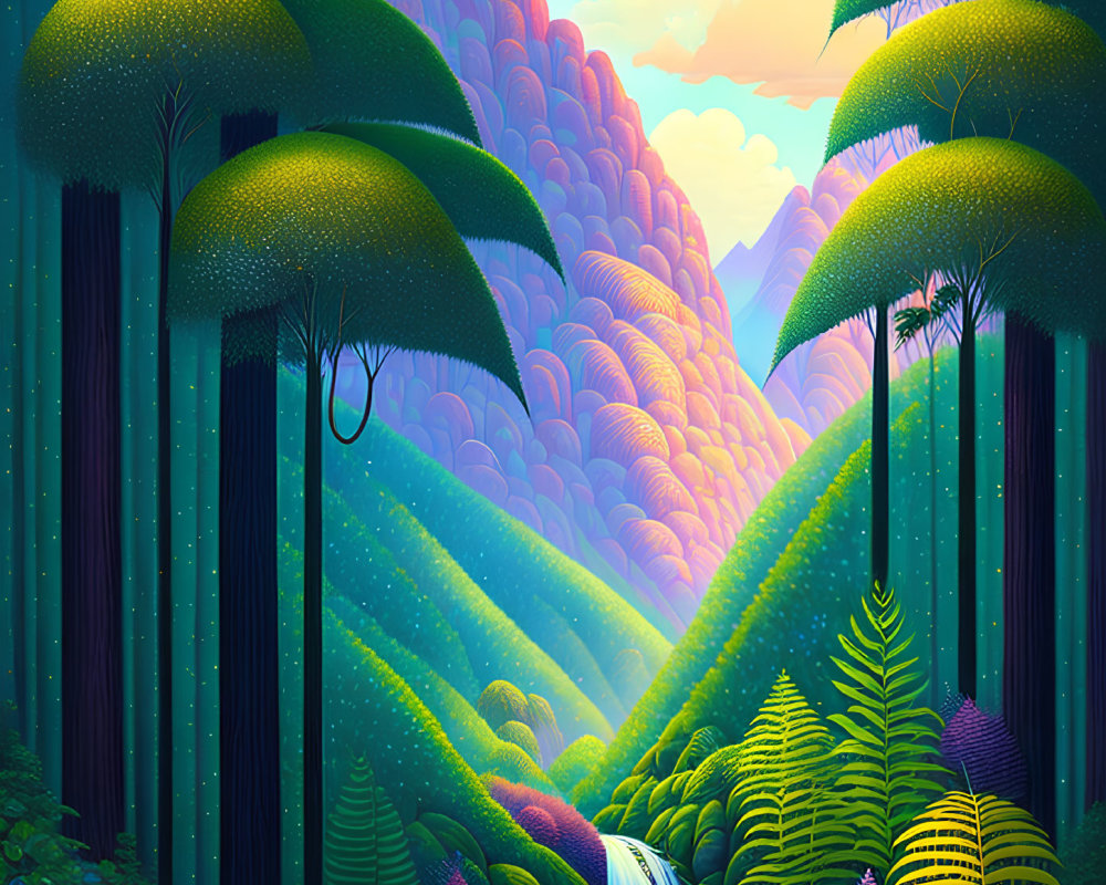 Colorful Fantasy Landscape with Oversized Tree Ferns and Waterfall