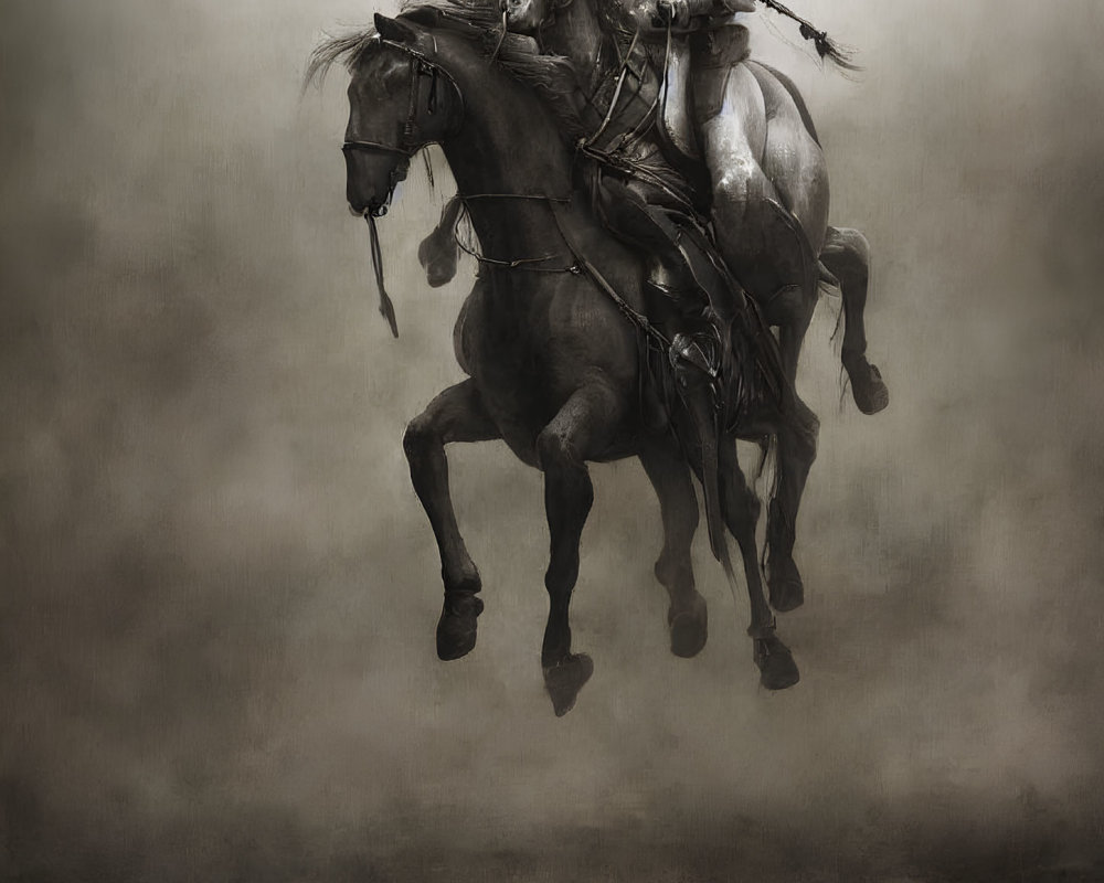 Warrior on Rearing Horse in Dark Misty Setting