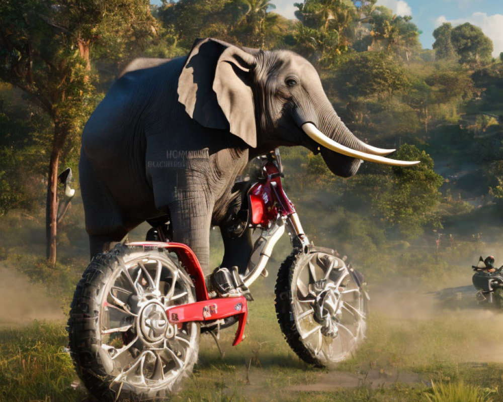 Elephant on Red Motorcycle in Dusty Landscape with Green Trees