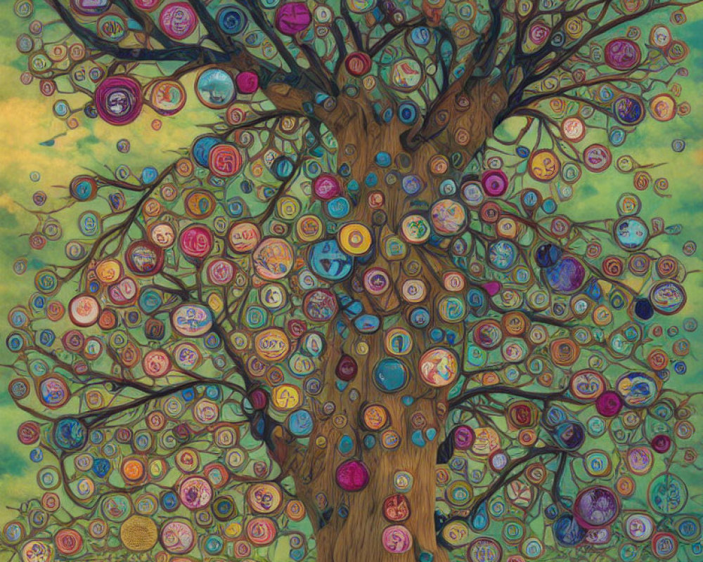 Colorful Vibrant Tree Illustration with Intricate Patterns and Circular Designs