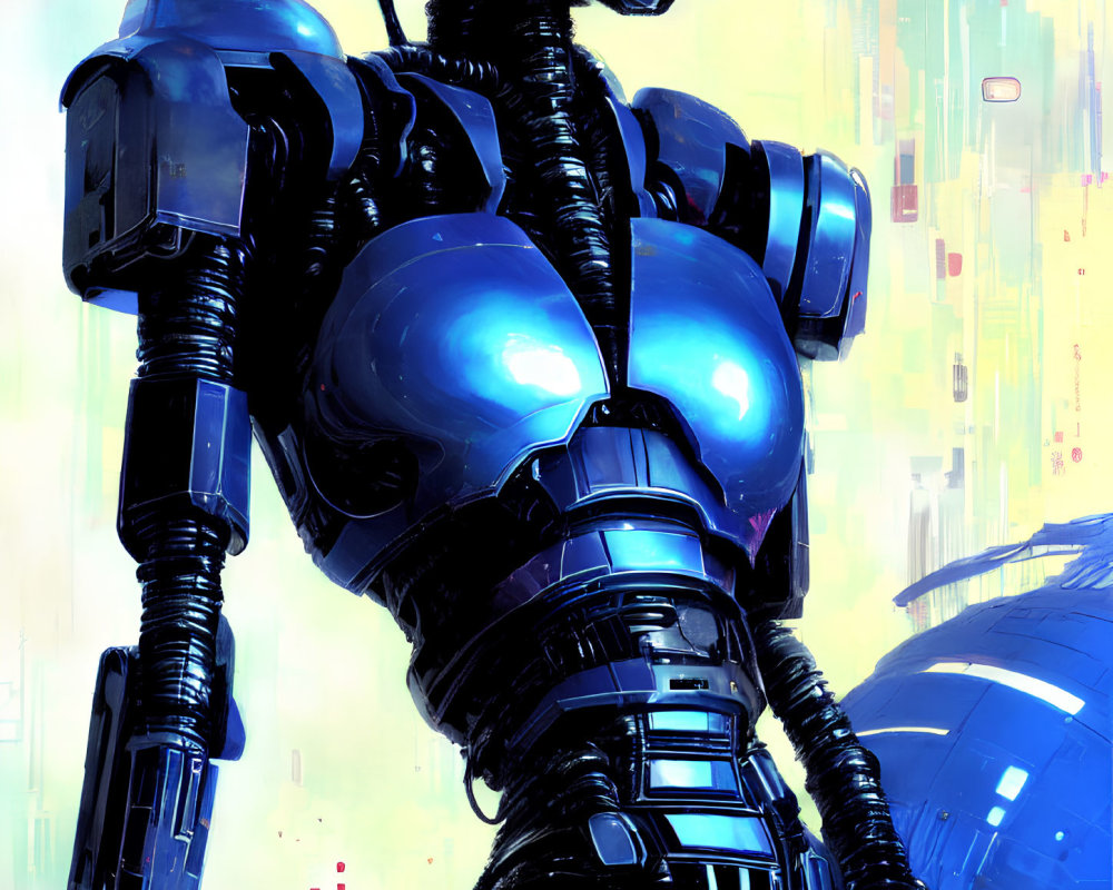 Futuristic blue and black robot in cybernetic cityscape