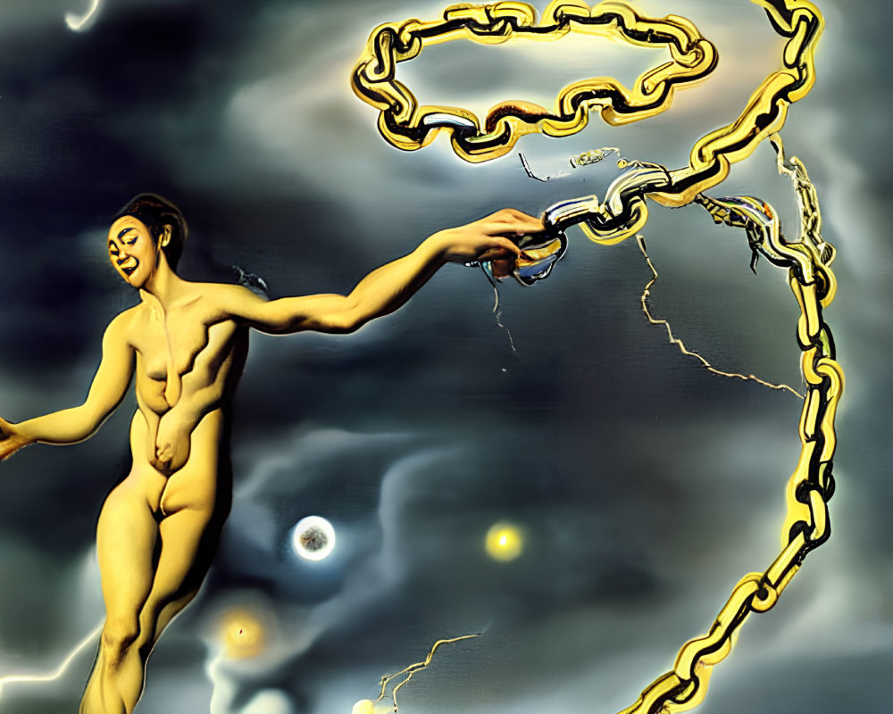 Surreal painting: Nude figure drawing golden spiral amidst celestial bodies