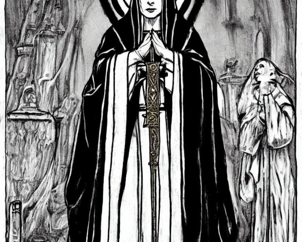 Monochrome illustration of stern figure in religious robes with cross and ecclesiastical architecture.